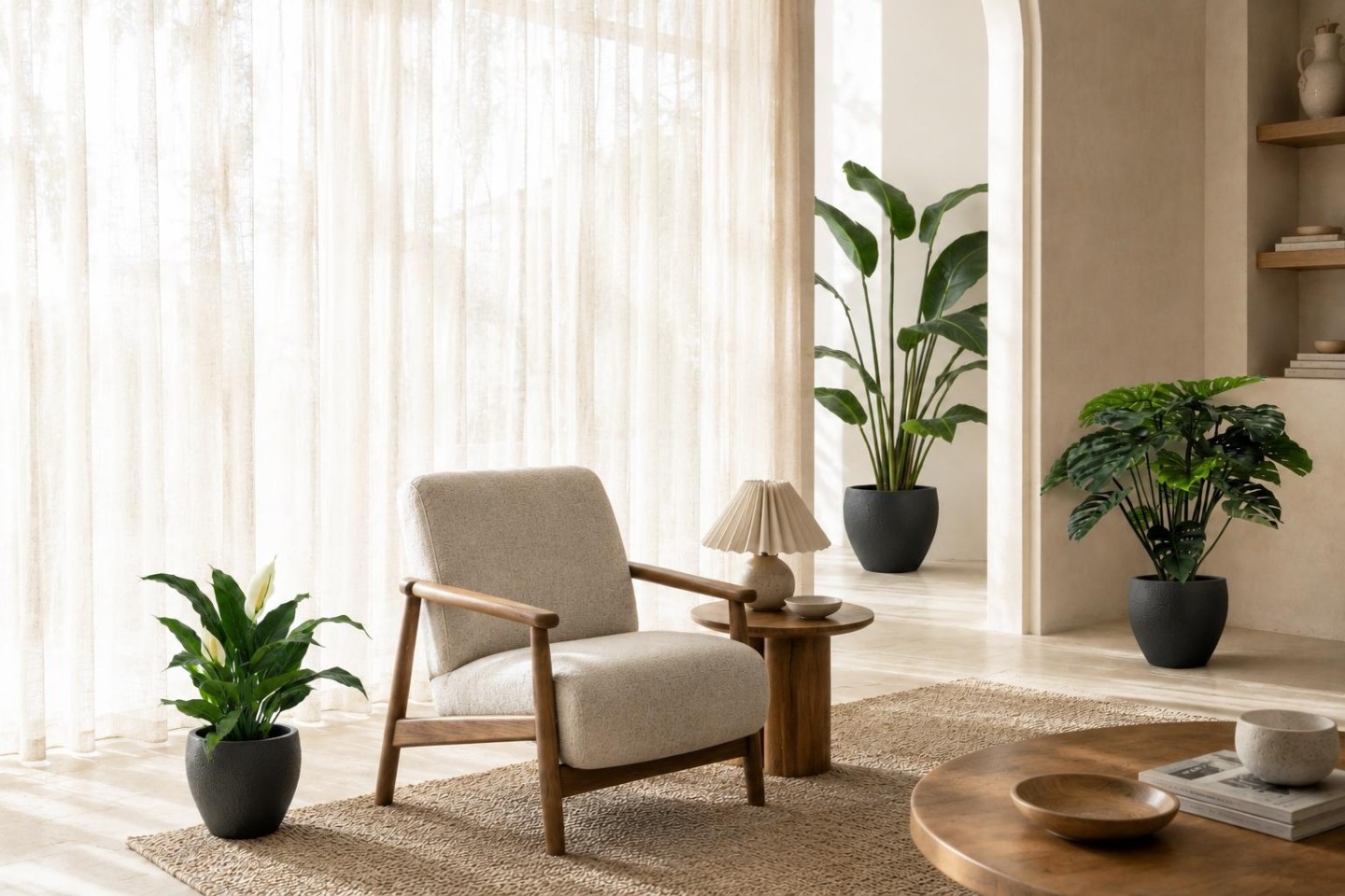 The image depicts a bright modern office space filled with various office plants, including, monstera plant, pa palm and a peace lily.