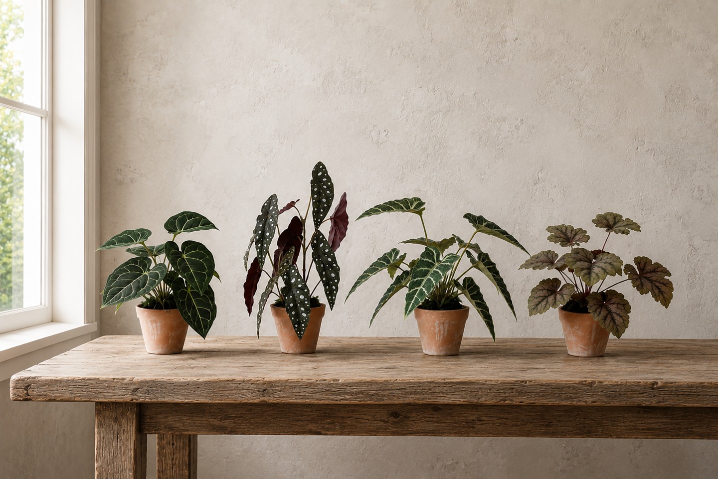 A close up view of an assortment of artificial plants on an oak table.